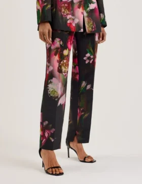 OKUNIT Tapered Leg Floral Print Tailored Trousers