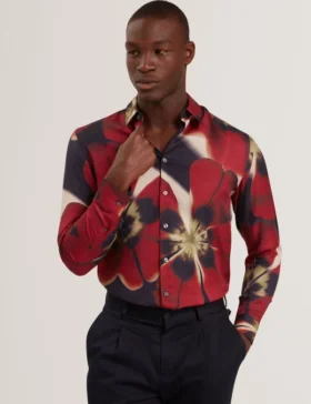 PHELIN Red Blooms Print Cotton Stretch Shirt