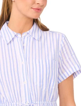 PRENTISS Striped Cotton Drawstring Mini Shirt Dress