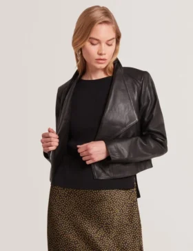 RIYOZE Wrap Front Cropped Leather Jacket