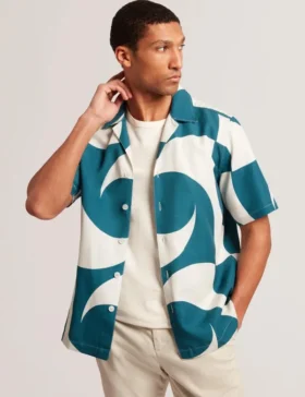 ROLDAN Short Sleeve Oversized Linen Blend Swirl Print Shirt