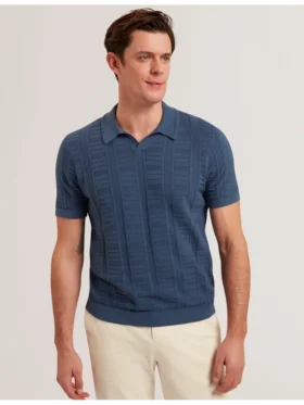 RUZZA Textured Stripe Open Neck Knitted Polo Shirt