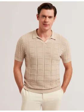 RUZZA Textured Stripe Open Neck Knitted Polo Shirt