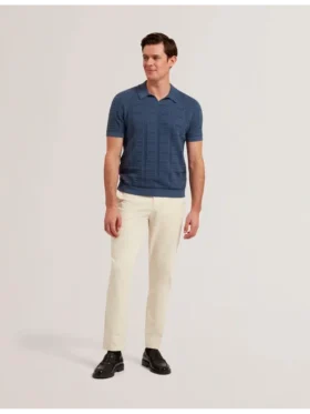 RUZZA Textured Stripe Open Neck Knitted Polo Shirt