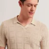 RUZZA Textured Stripe Open Neck Knitted Polo Shirt