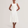 SLEEVELESS LACE APPLIQUE MIDI DRESS White