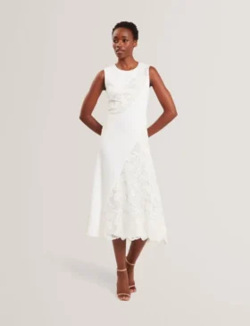 SLEEVELESS LACE APPLIQUE MIDI DRESS White