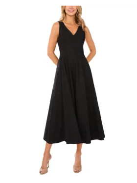SLEEVELESS V-NECK PLEATED MAXI DRESS Black