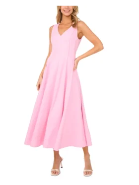 SLEEVELESS V-NECK PLEATED MAXI DRESS Lt-Pink