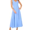SLEEVELESS V-NECK PLEATED MAXI DRESS Mid-Blue