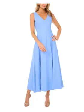 SLEEVELESS V-NECK PLEATED MAXI DRESS Mid-Blue