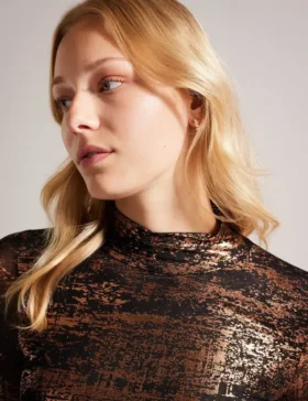 SOFIY Foil Print High Neck Mesh Top