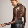 SOFIY Foil Print High Neck Mesh Top