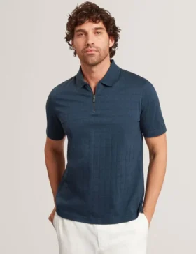 VICTOR Textured Grid Zip Neck Cotton Polo