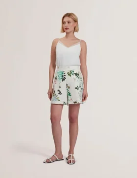 VYLLA Floral High Waist Linen Shorts With Trim Detail