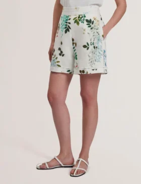VYLLA Floral High Waist Linen Shorts With Trim Detail