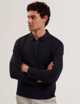 WYTHER Mixed Texture Zip Neck Long Sleeve Polo