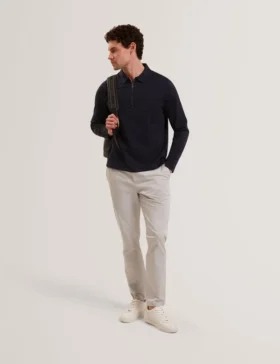 WYTHER Mixed Texture Zip Neck Long Sleeve Polo